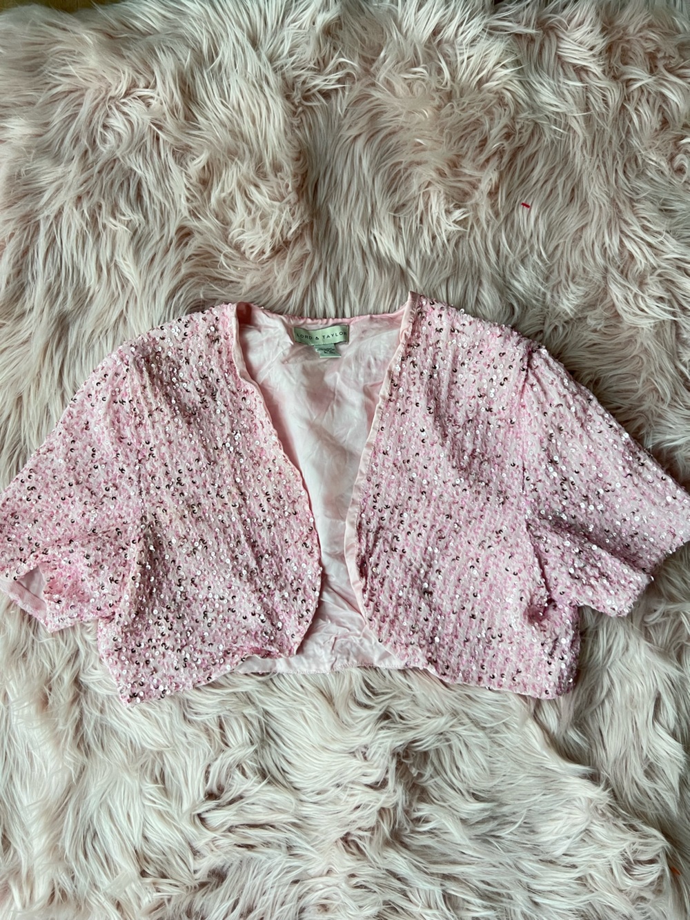 y2k Lord & Taylor 100% Silk Pink Sequin Cropped Fairy Bolero
